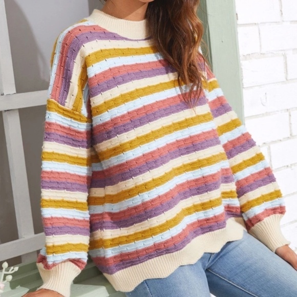 SHEIN Striped Pattern Scallop Hem Drop Shoulder Sweater - Picture 4 of 6
